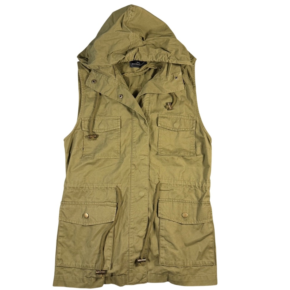 Love Tree Womens Olive Green Utility Vest Hooded Cotton Military Jacket Small